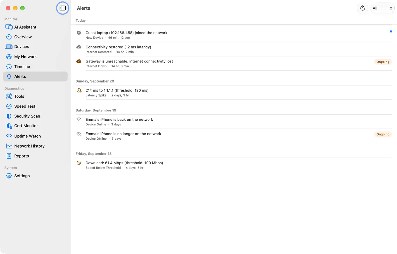 The Alerts pane in PingKit Agent for Mac, listing network events the Agent raised while it was running.