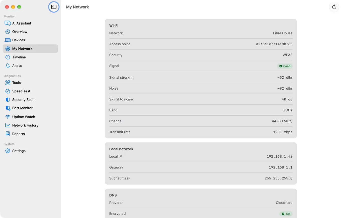 The My Network pane in PingKit Agent for Mac, listing Wi-Fi radio detail, local IP and gateway, and the DNS resolver in use.