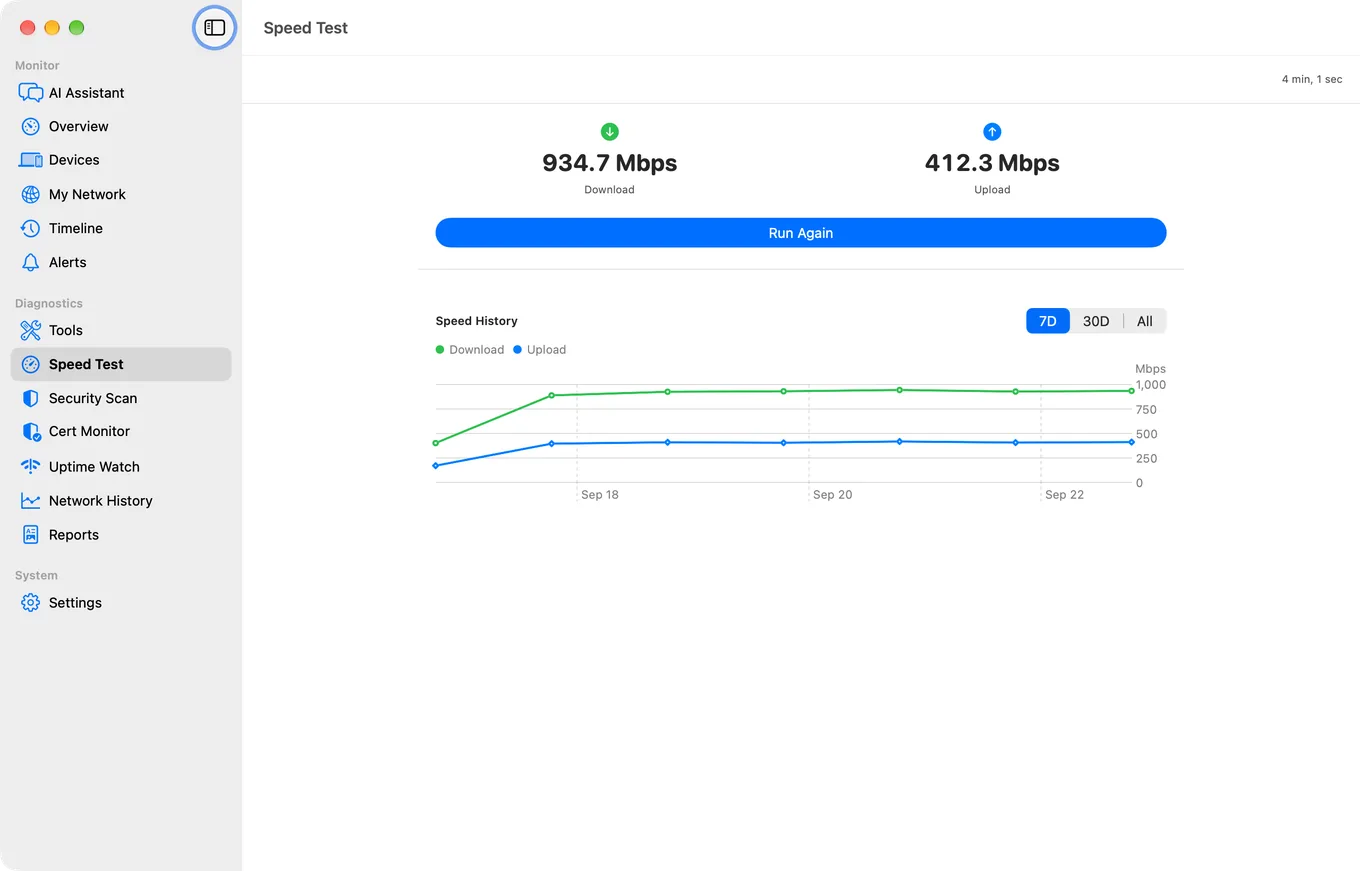 A completed speed test in PingKit Agent for Mac, showing download and upload throughput alongside latency.