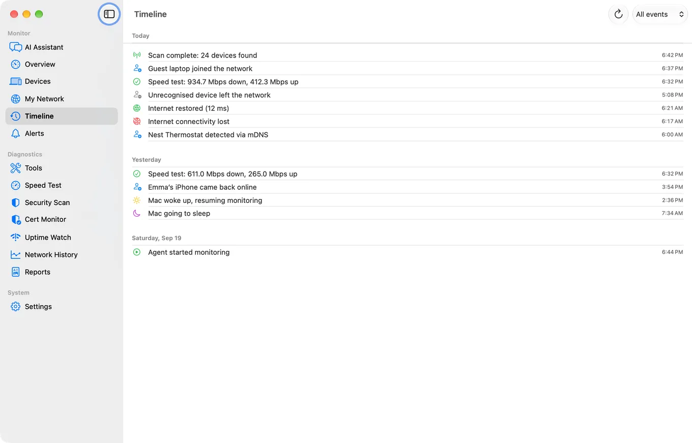 PingKit Agent's Timeline on macOS, showing dated entries for a lost and restored internet connection, completed speed tests, and devices joining and leaving the network.