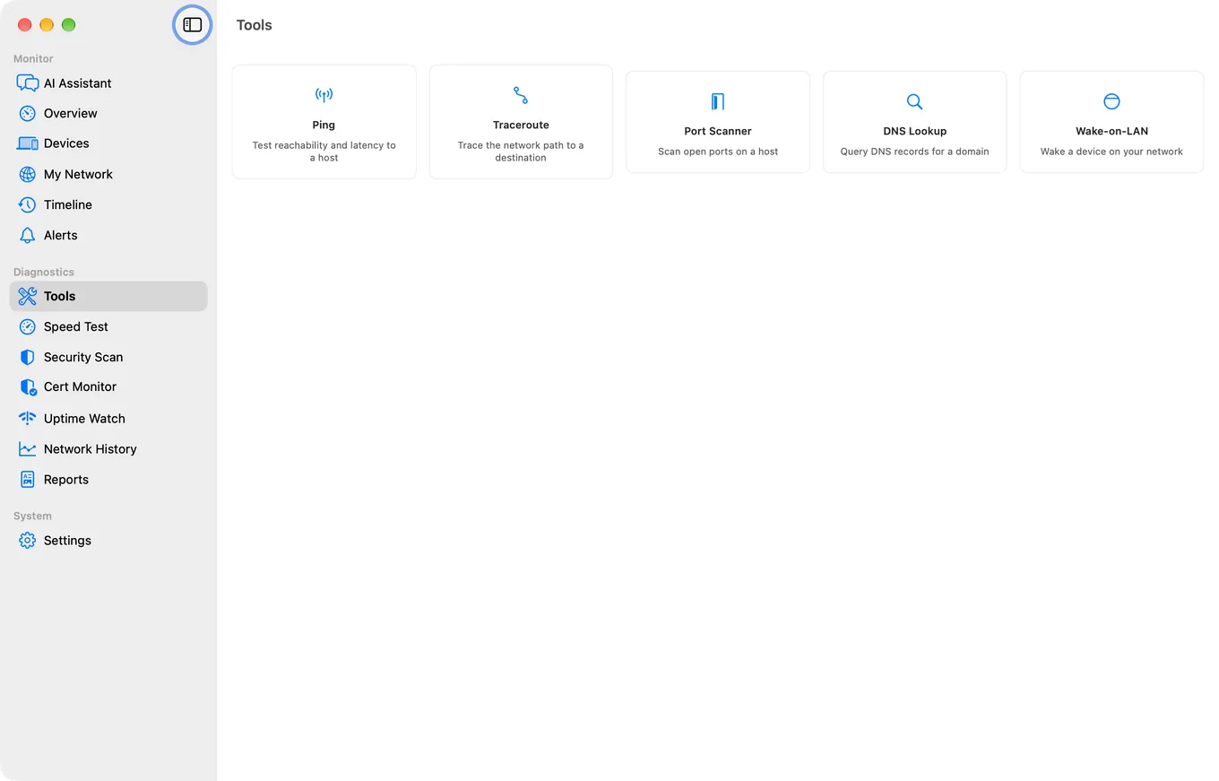 The eight diagnostic tools in PingKit Agent for Mac: My Network, Speed Test, Ping, Traceroute, Security Scan, Port Scanner, DNS Lookup and Wake-on-LAN.