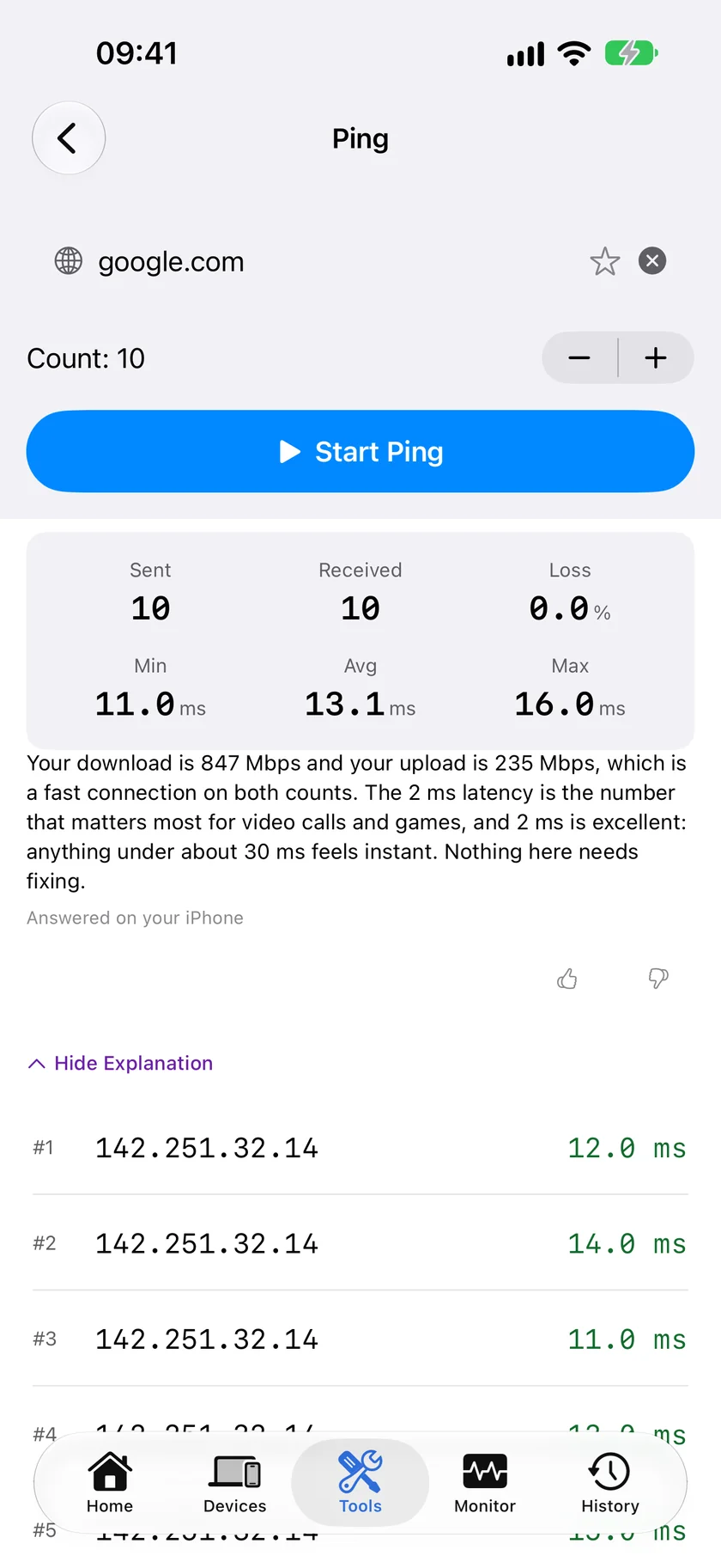 A completed ping run in PingKit for iPhone, showing packets sent and received, loss, and minimum, average and maximum round-trip times.
