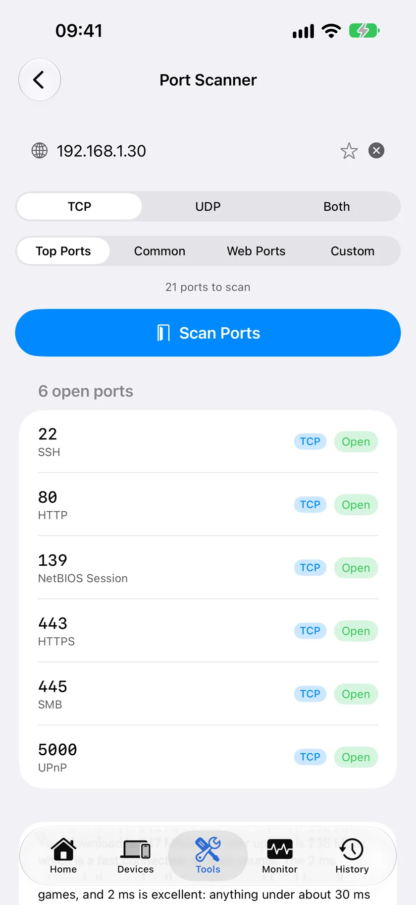A finished port scan in PingKit for iPhone, listing the open TCP ports found on a host with the well-known service name for each.
