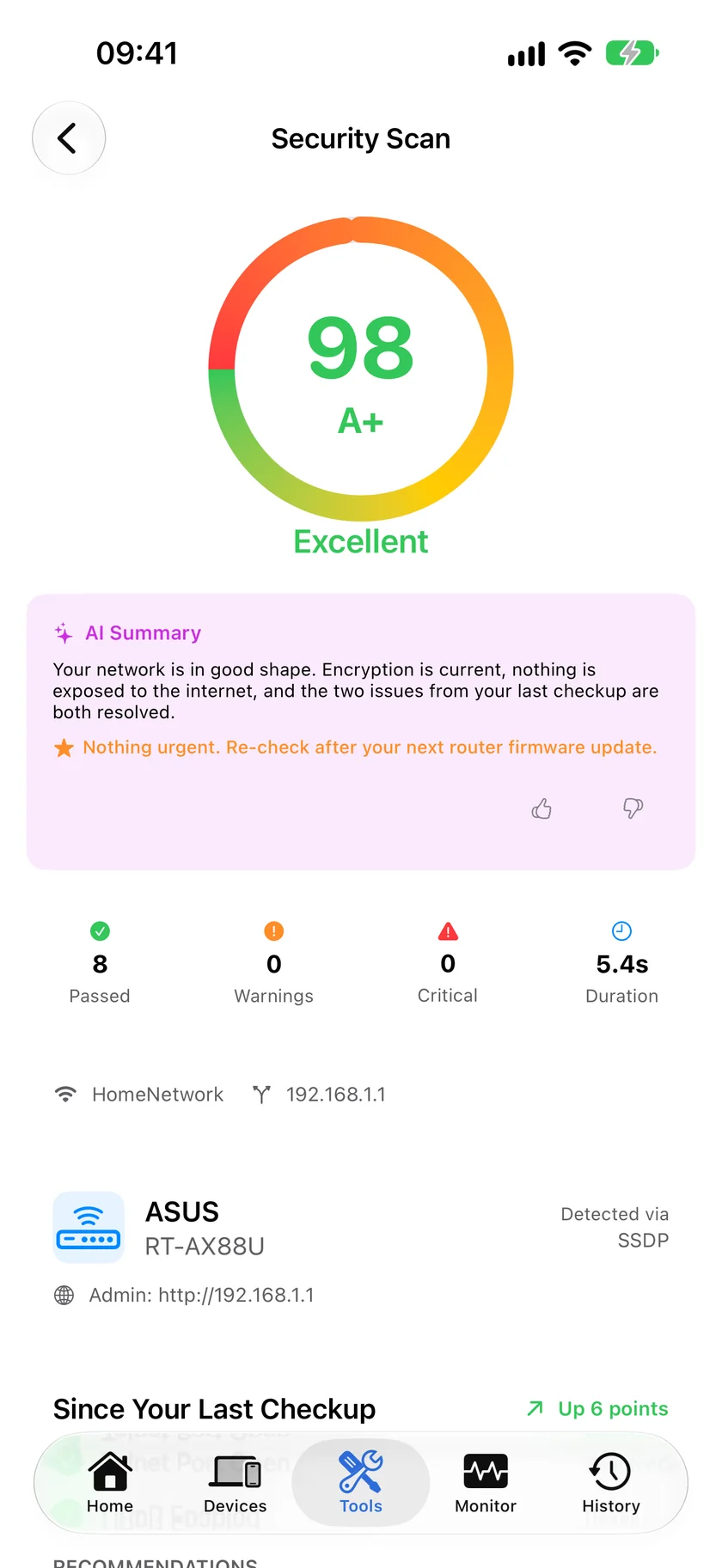 A finished security checkup in PingKit for iPhone scoring 98, A plus, with a plain-English summary and counts of passed, warning and critical findings.