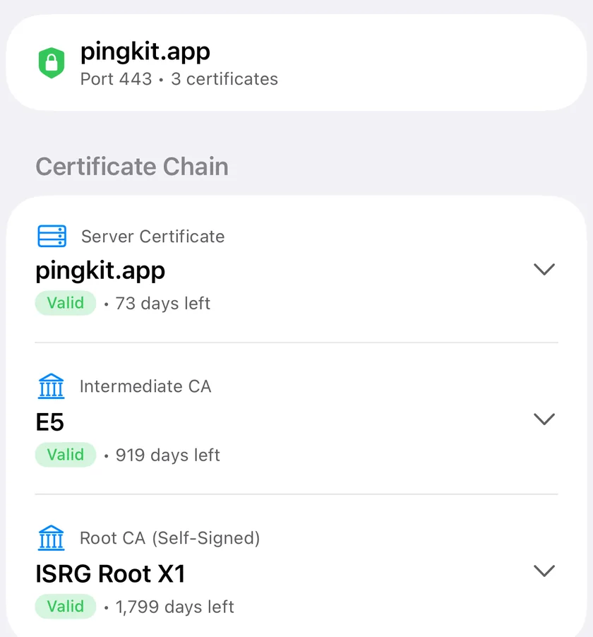 The SSL Inspector in PingKit for iPhone showing a three-certificate chain from the server certificate through the intermediate to the root, with the days remaining on each.