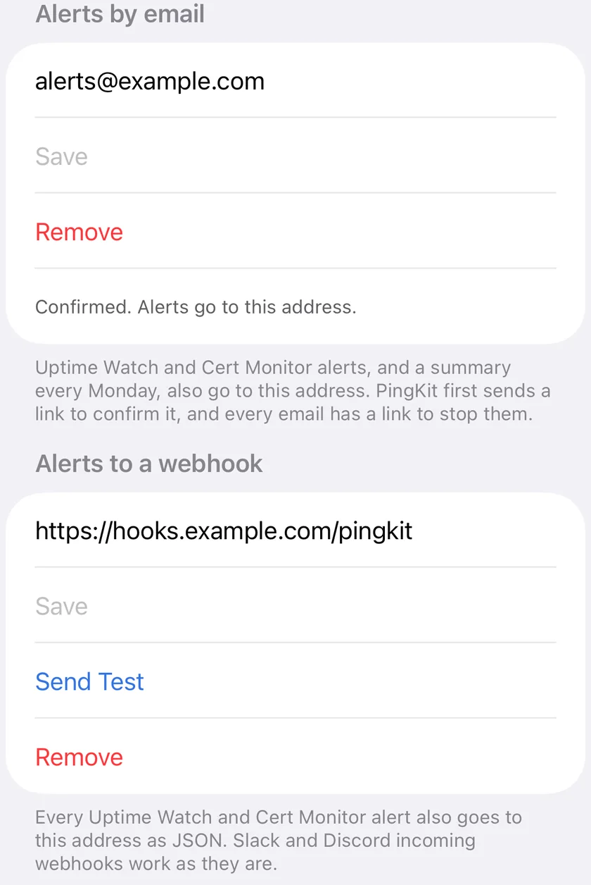 Guardian Plus alert channels under Uptime Watch in PingKit for iPhone: a confirmed email address, which also gets a summary every Monday, and a webhook that receives every Uptime Watch and Cert Monitor alert as JSON.