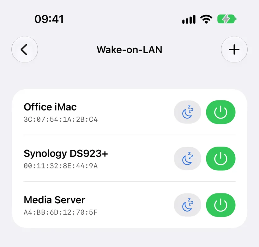 Saved Wake-on-LAN targets in PingKit for iPhone, each with its MAC address and a button to send the magic packet.