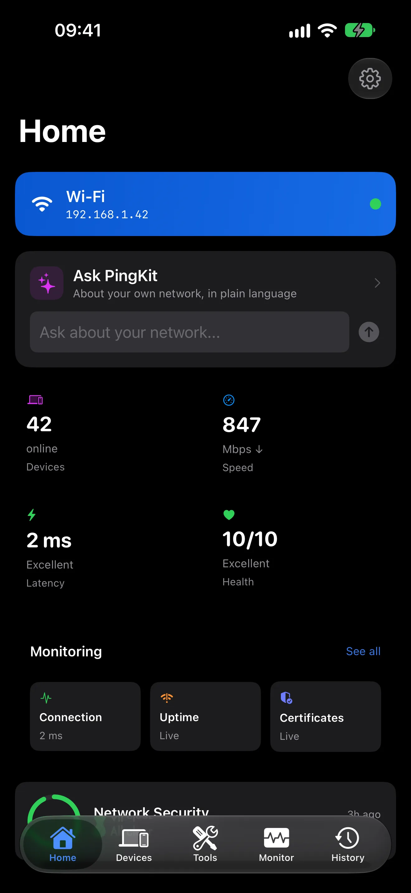PingKit iPhone app dashboard showing AI network assistant and WiFi health score