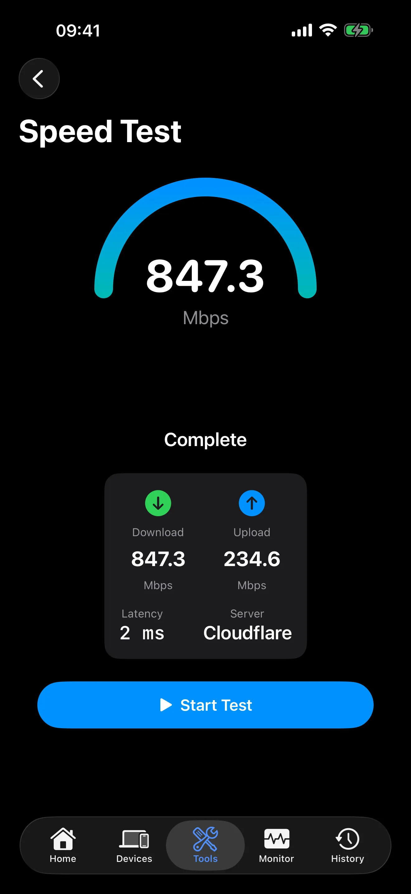 PingKit internet speed test results showing download upload speeds and history