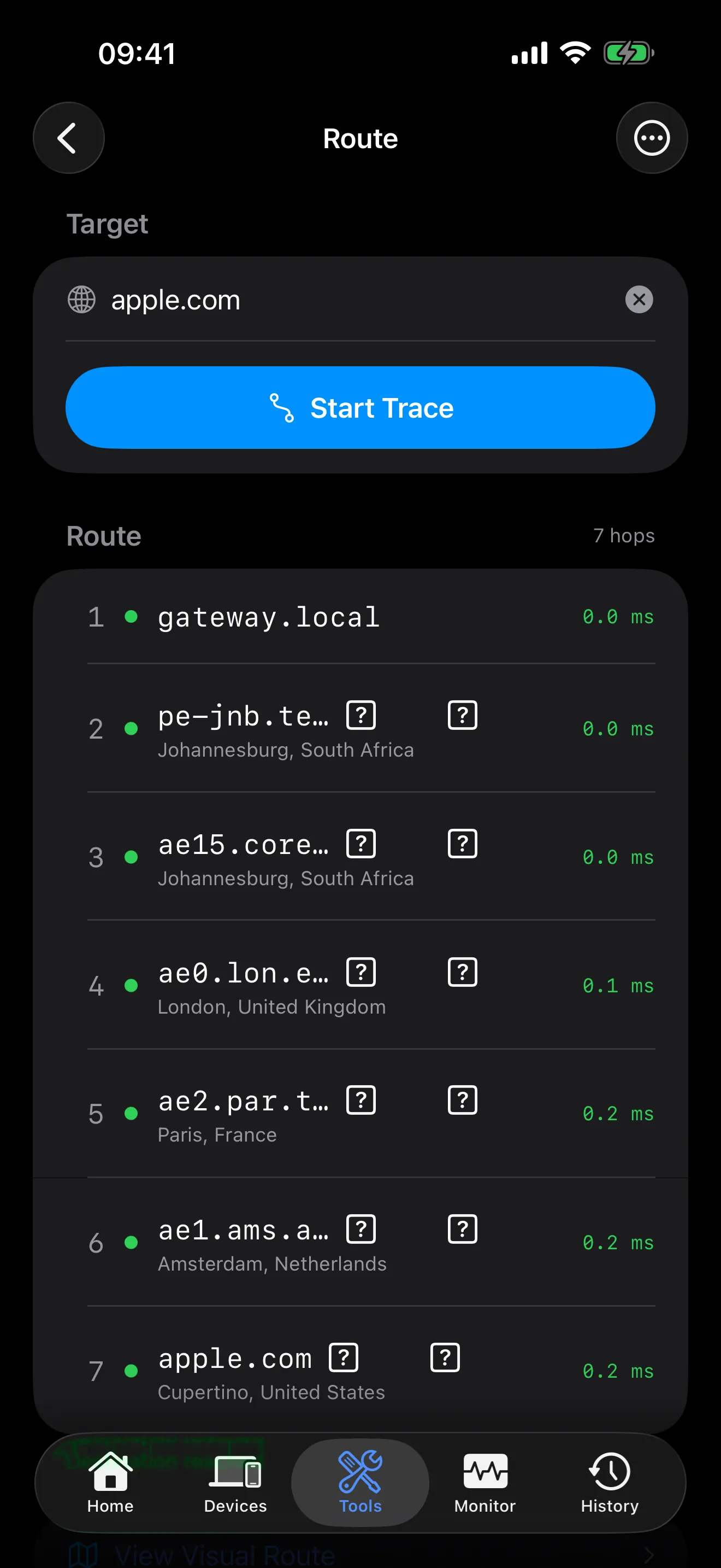 PingKit visual traceroute with geographic hop mapping and country flags
