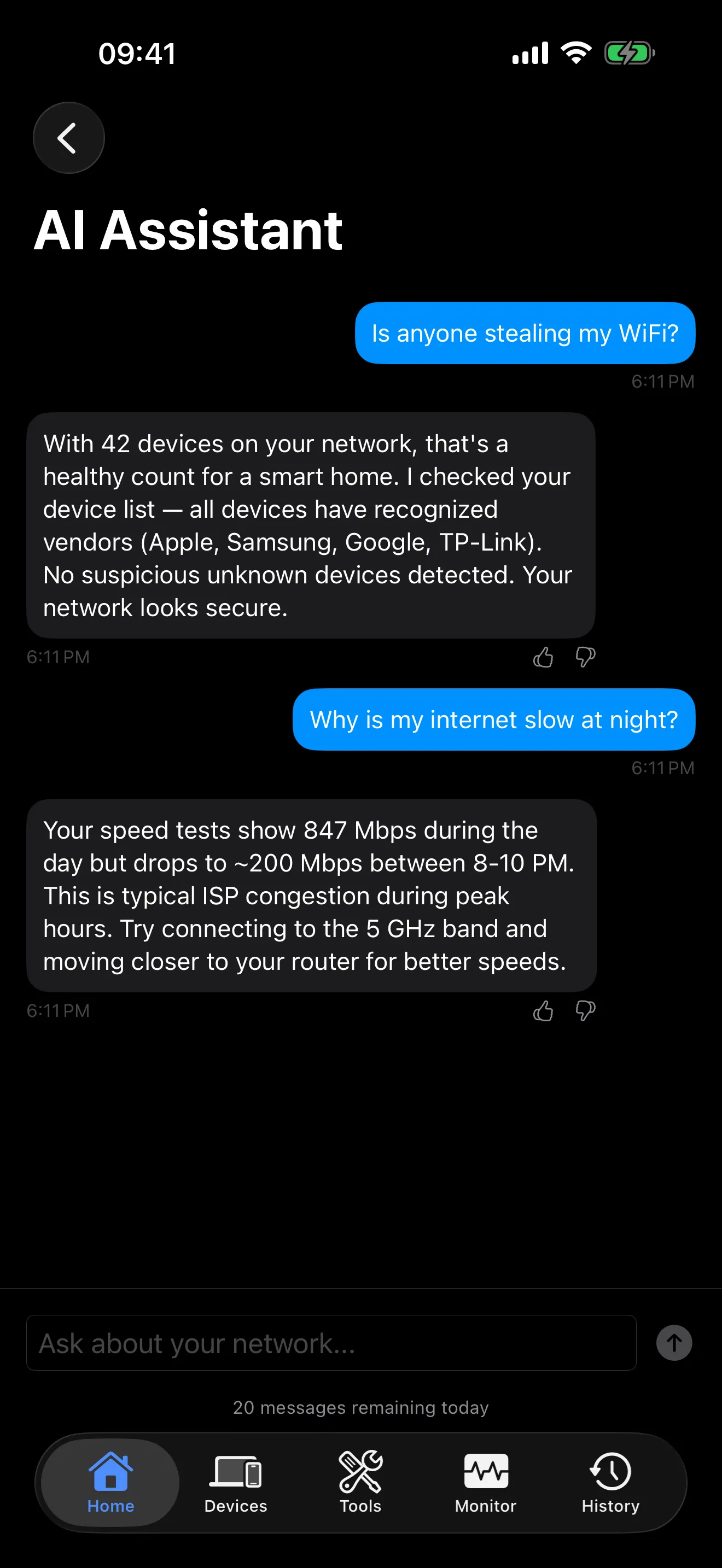 PingKit AI chat assistant answering WiFi troubleshooting questions on iPhone