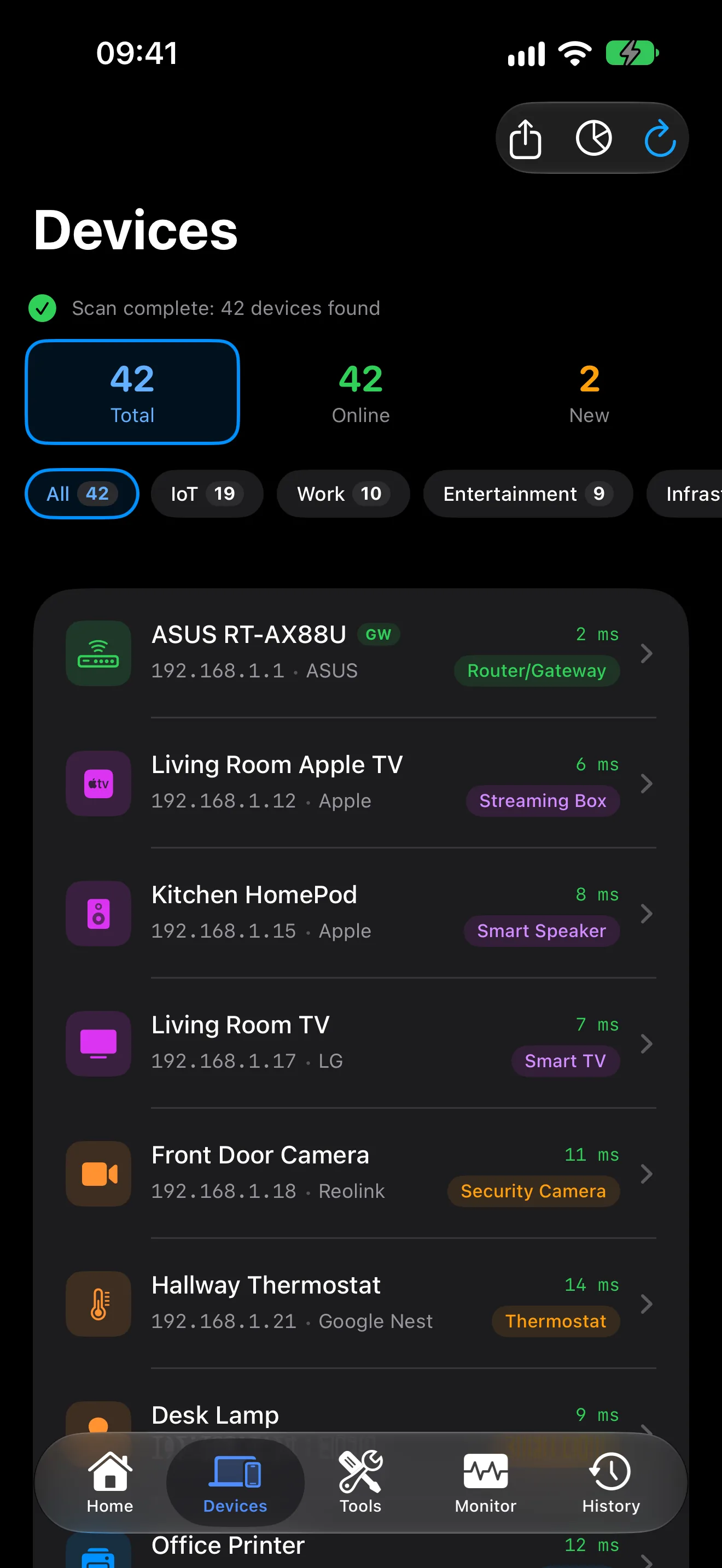 PingKit device list identifying every device on your network by name, type and vendor