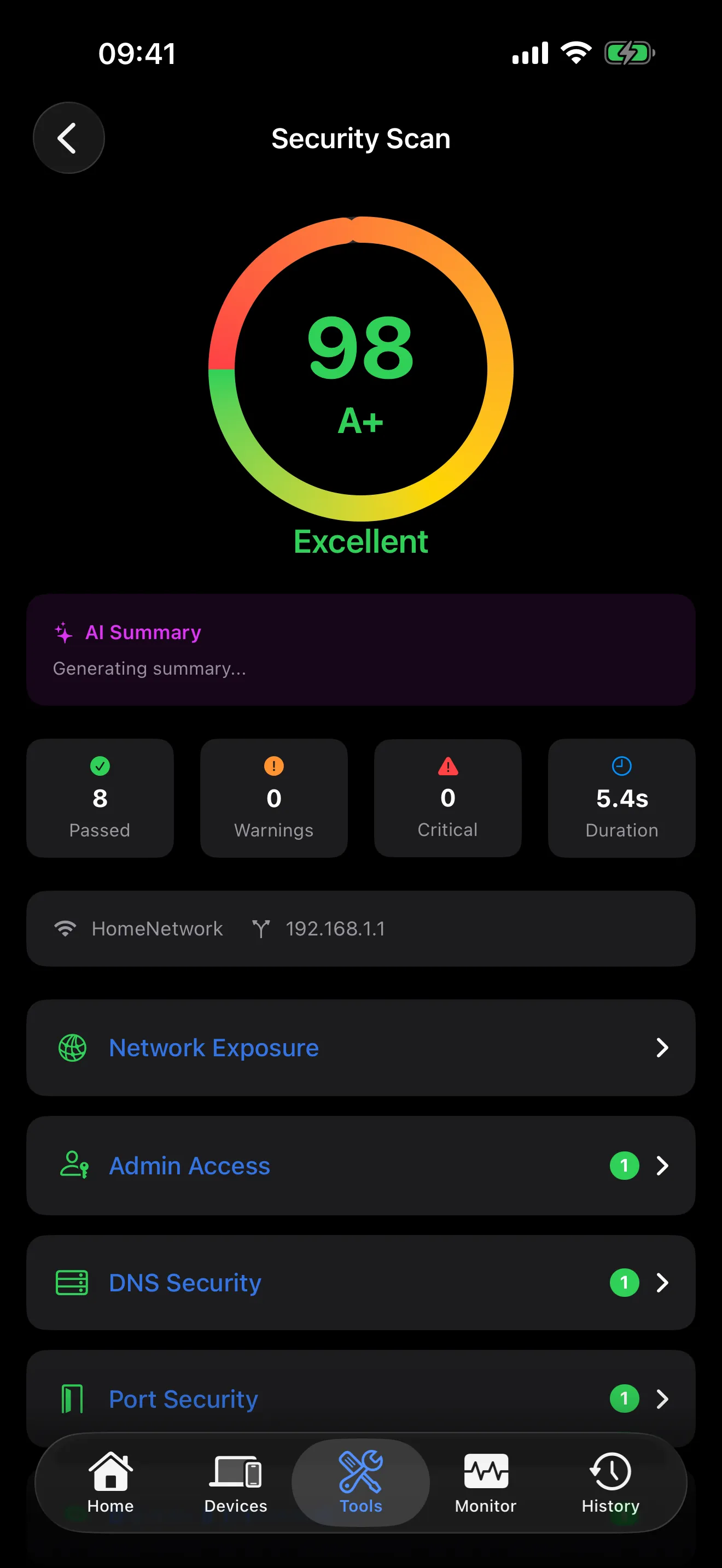 PingKit network security scan results with vulnerability findings on iPhone