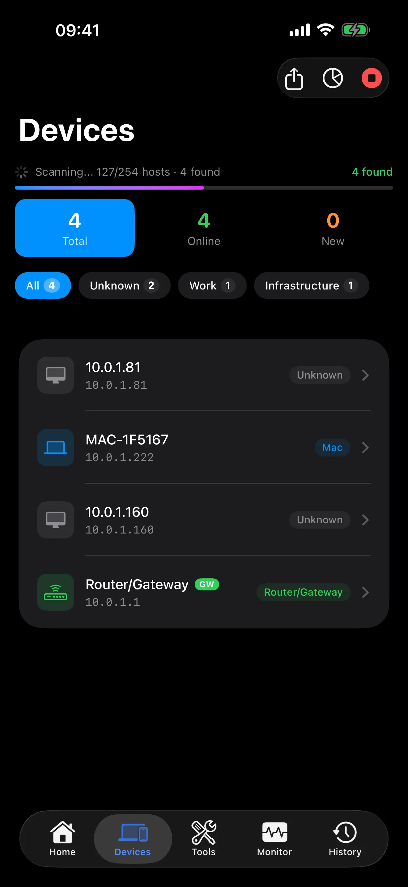 PingKit network devices view showing connected devices on your local network