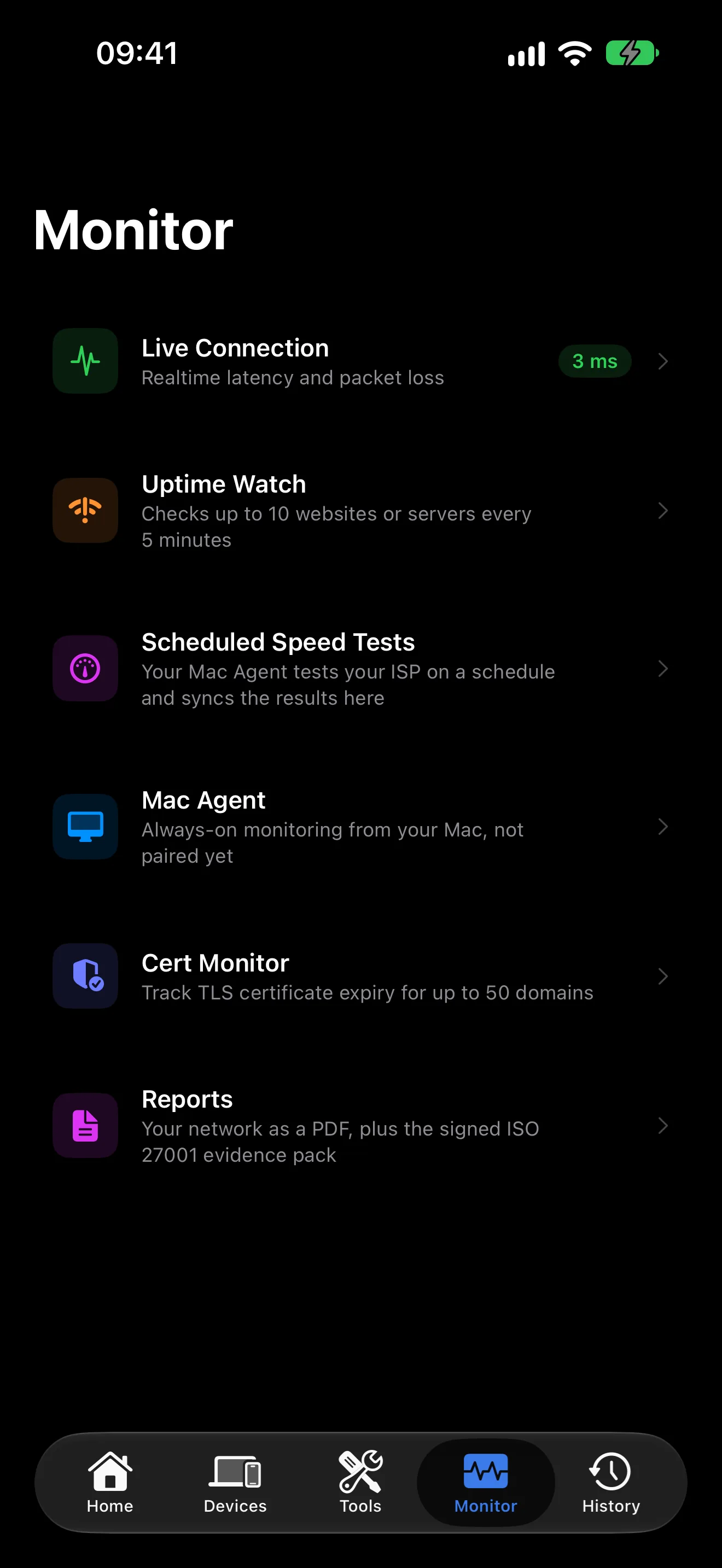 The PingKit Monitor tab on iPhone: Live Connection, Uptime Watch, scheduled speed tests, the Mac Agent, Cert Monitor and reports