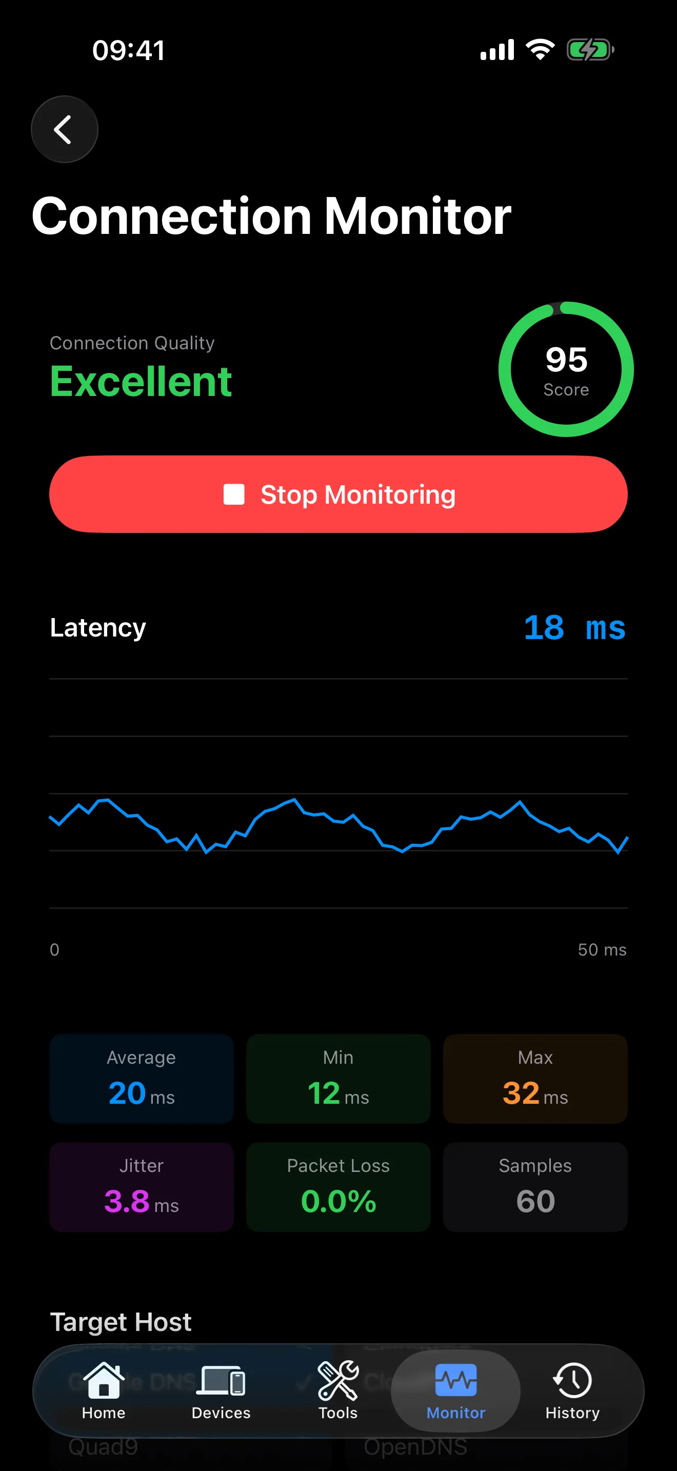PingKit connection monitor with real-time latency graph and stability score