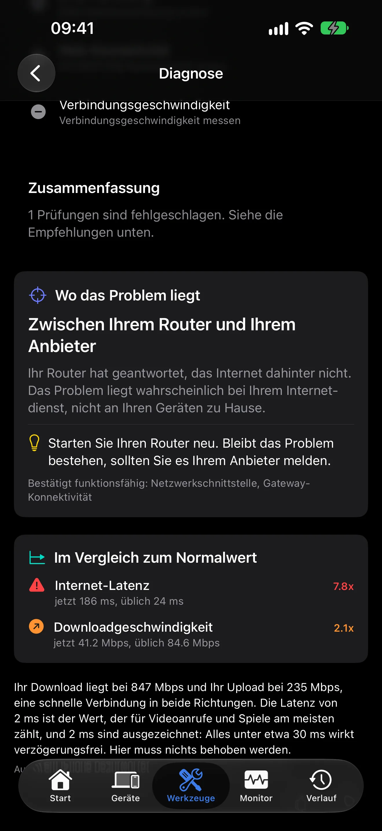 Die Fehlereingrenzung in PingKit zeigt, ob das Problem an Ihrem Gerät, Ihrem Netz, Ihrem Router oder Ihrem Anbieter liegt