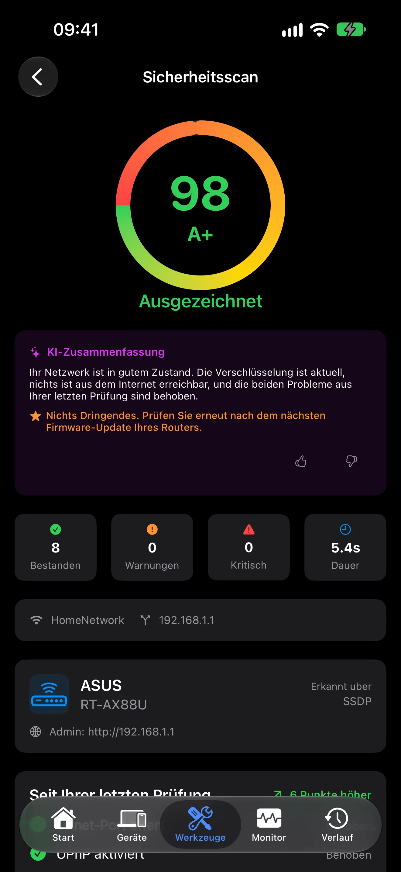 Ergebnisse der Sicherheitsprüfung in PingKit fürs iPhone mit Befunden nach Schweregrad