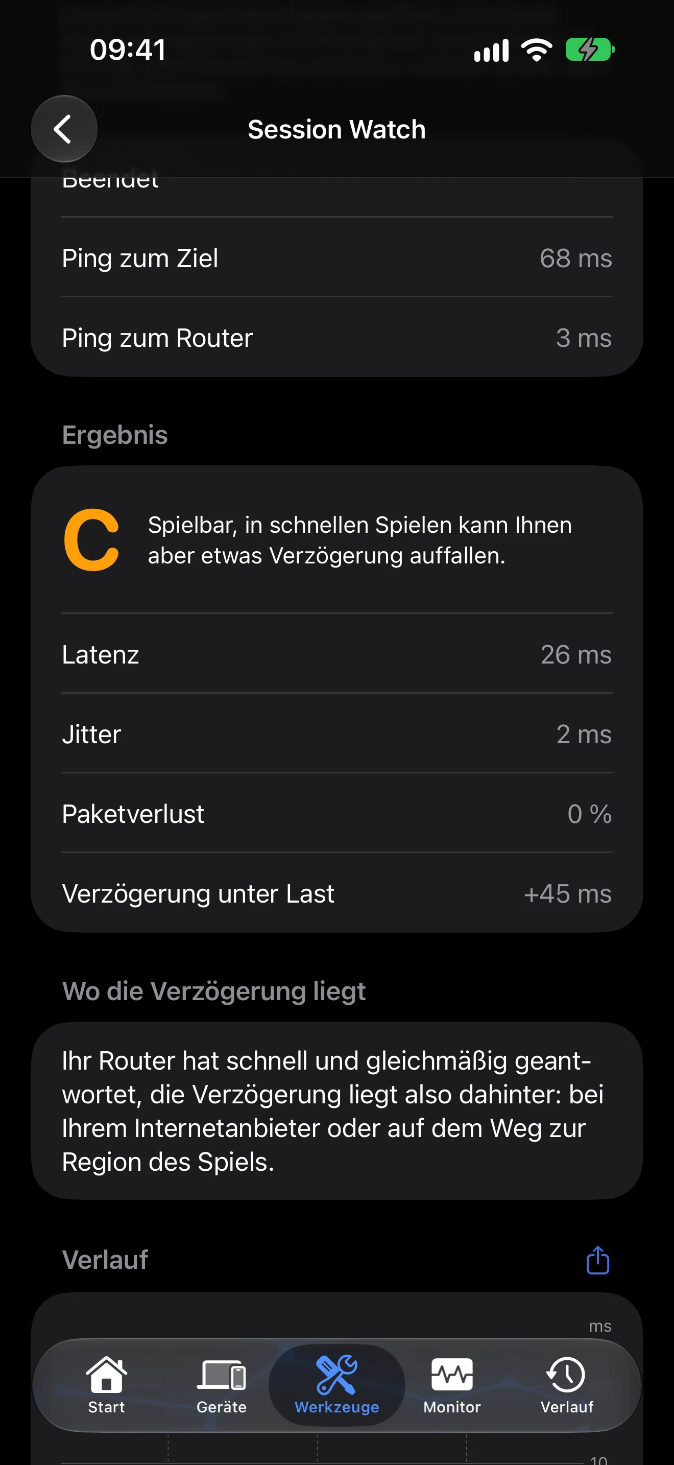 Session Watch von PingKit bewertet eine Verbindung fürs Gaming, mit Latenz, Jitter, Paketverlust, Verzögerung unter Last und wo die Verzögerung liegt