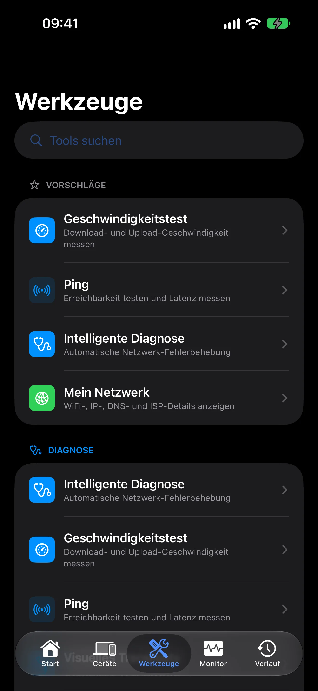 Die Netzwerk-Diagnosetools von PingKit, nach Kategorien geordnet, auf dem iPhone